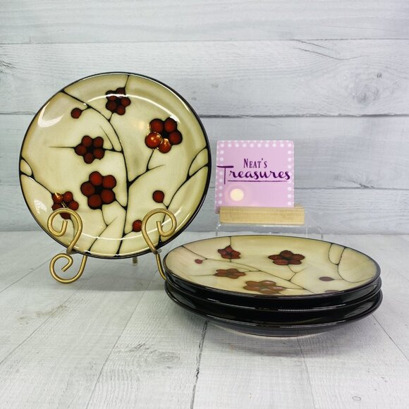 Pfaltzgraff ASTER Red Flower Beige Brown Body Stoneware Salad Lunch Plate Set 4 - Picture 1 of 10